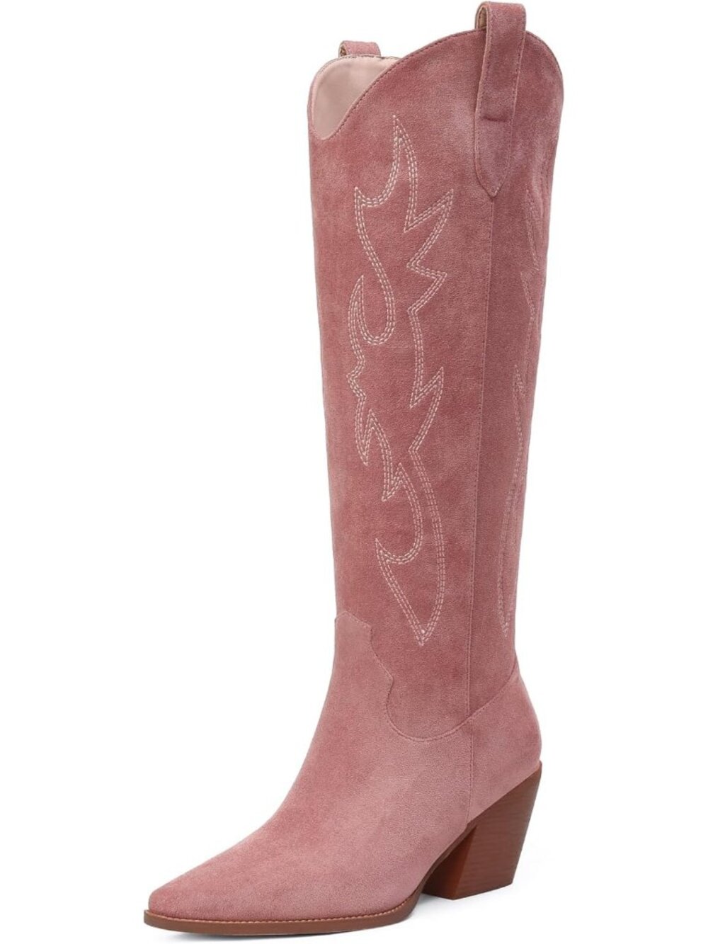 Women Peach Faux Leather Knee High Pointed Toe Block Heel Cowboy Boots